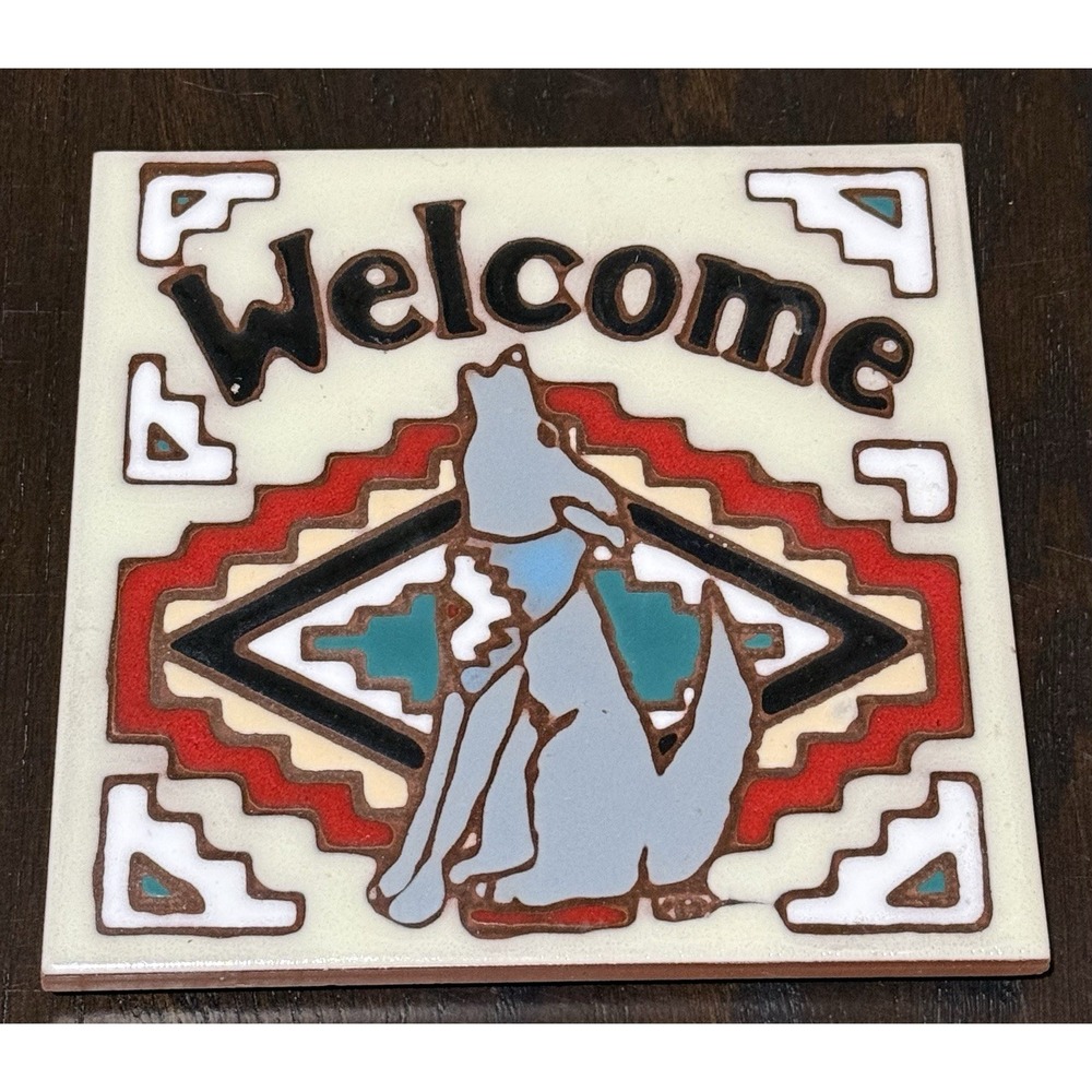 Vintage Southwestern Art Ceramic  Tile Trivet EarthTones Howling Wolf #4225N